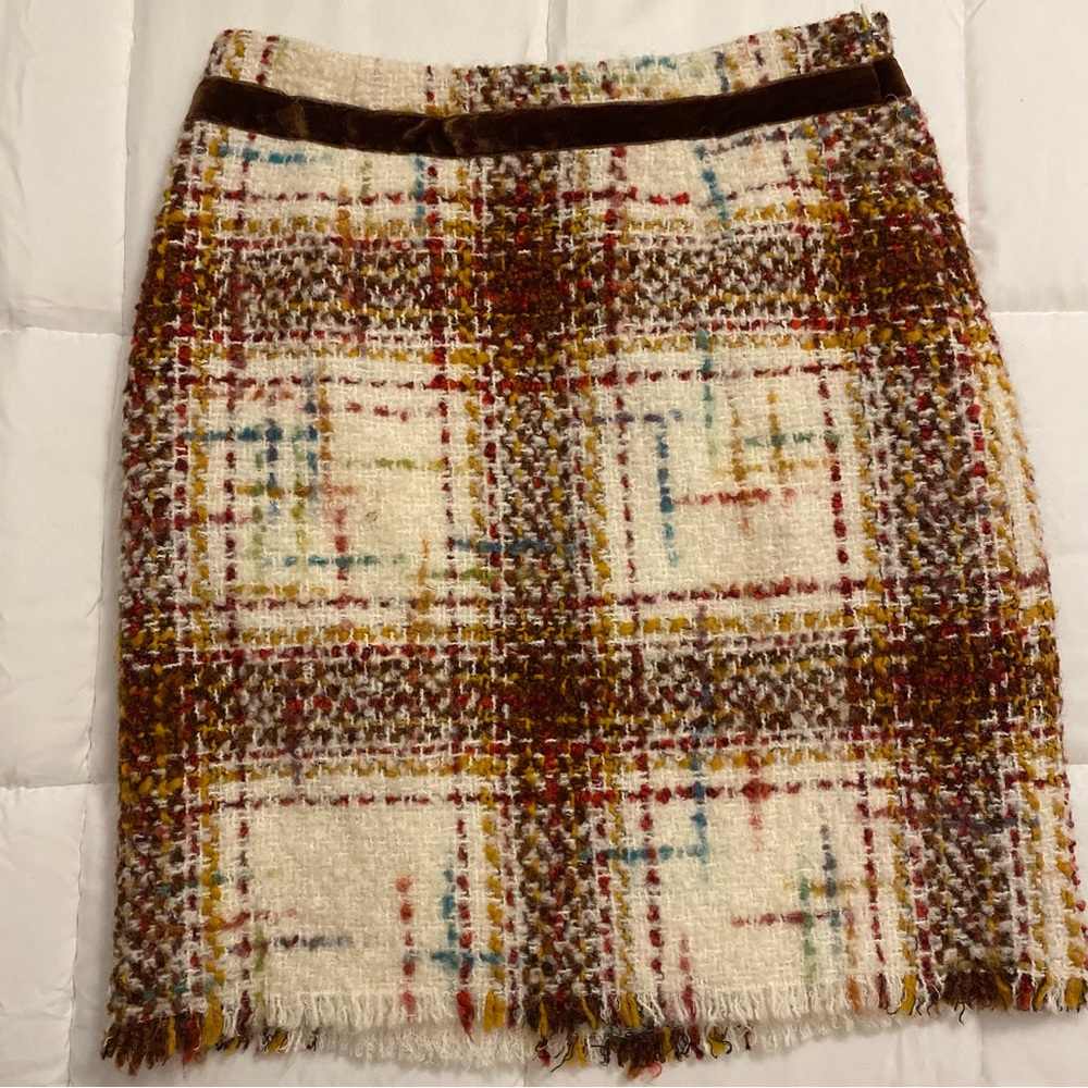 Etcetera Cream Plaid Tweed Pencil Skirt with Brown Trim